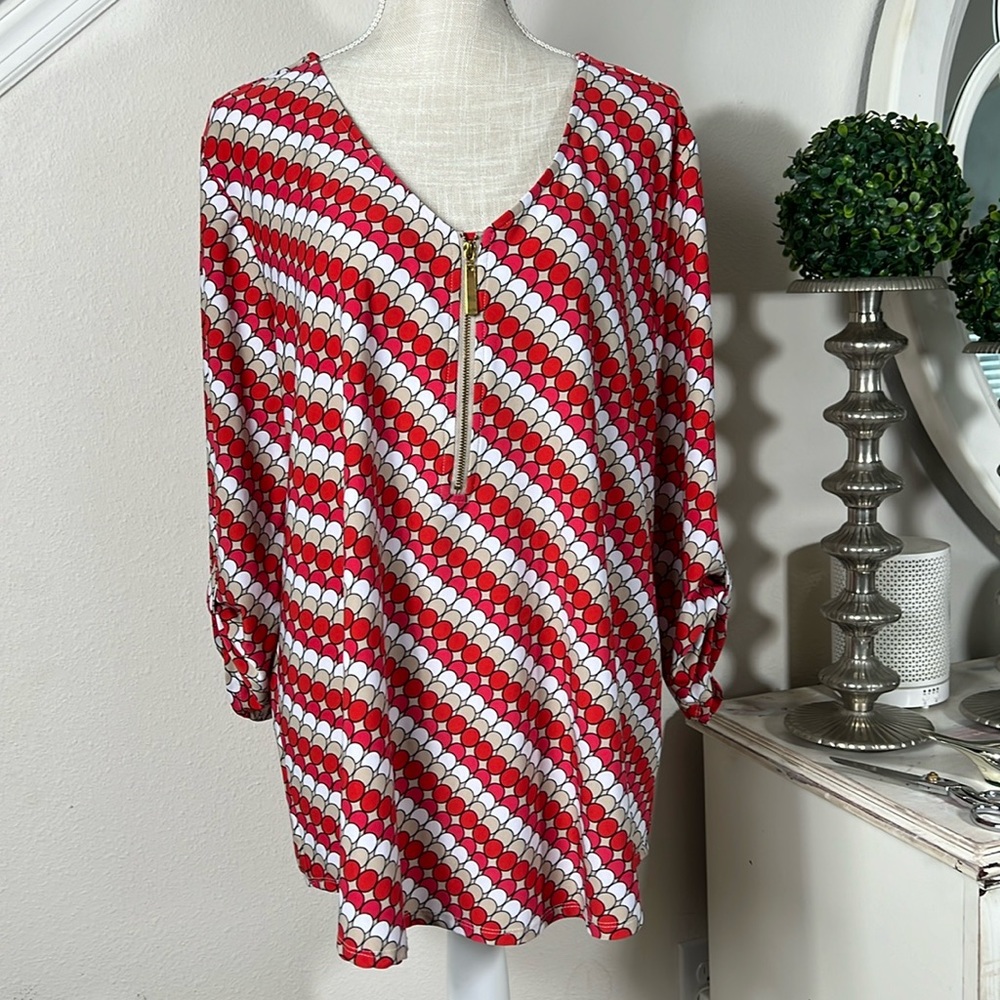 Tacera XL Red/Tan Circle Zipper Blouse